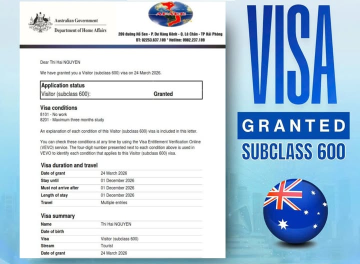 + 1 VISA DU LỊCH ÚC CHO APACO TUẦN MỚI